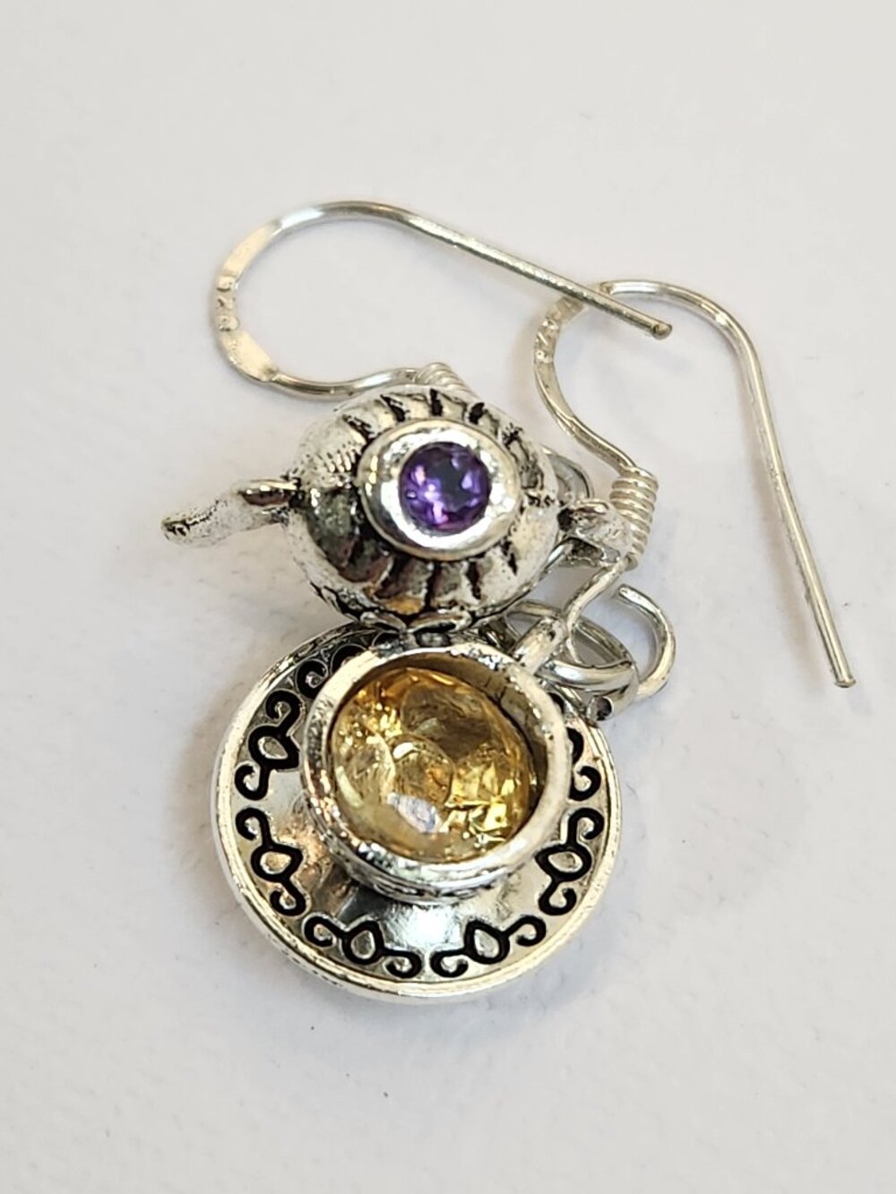 NWOT 925 Sterling Citrine Amethyst Teapot Teacup Earrings